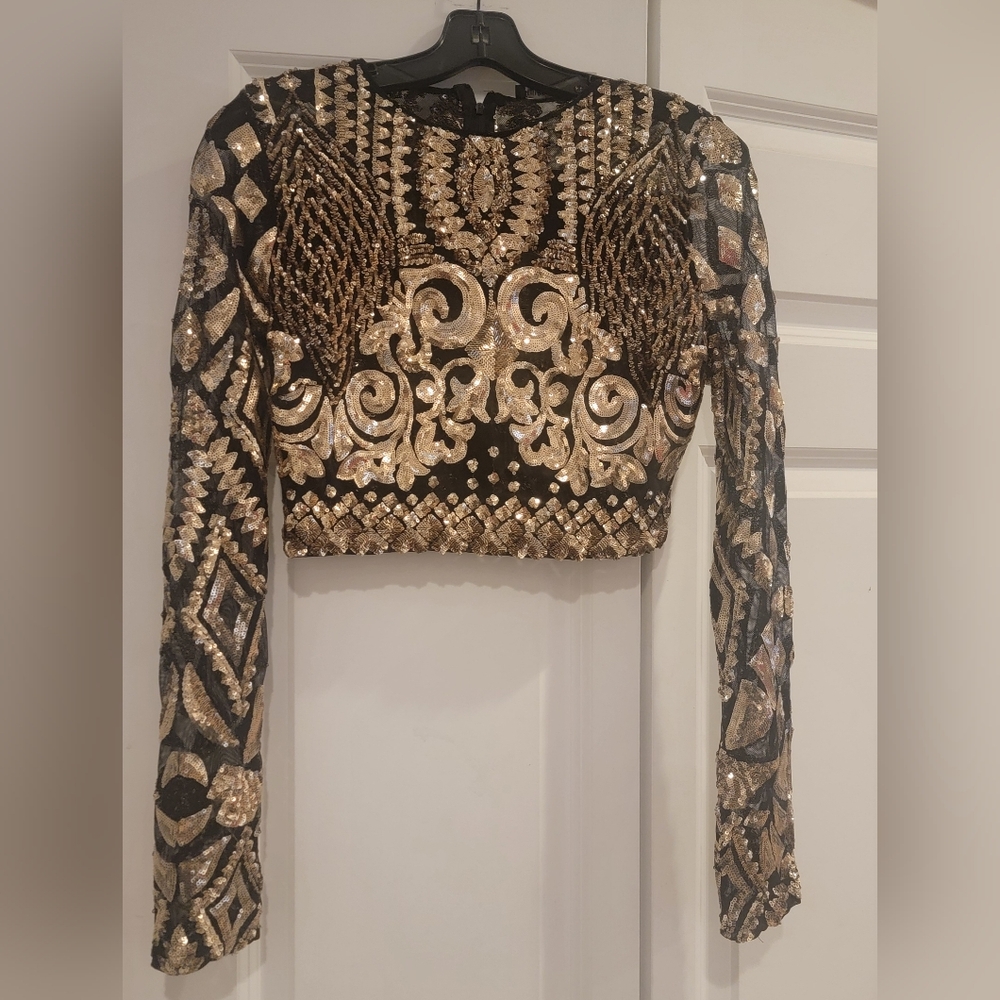 Fashion Nova Sheer Black and Gold Sequin Crop Top